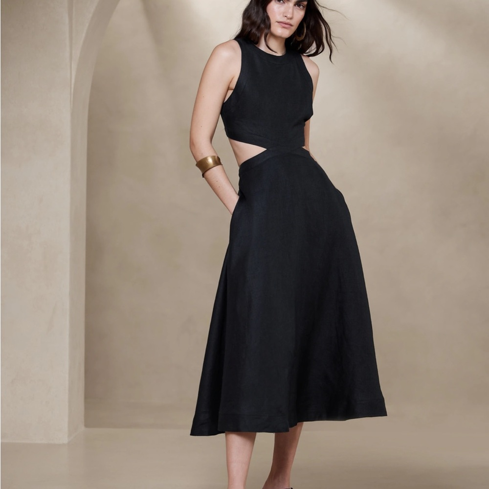 NWT Banana Republic Lina Linen Cutout Midi Dress, Black, Size 8